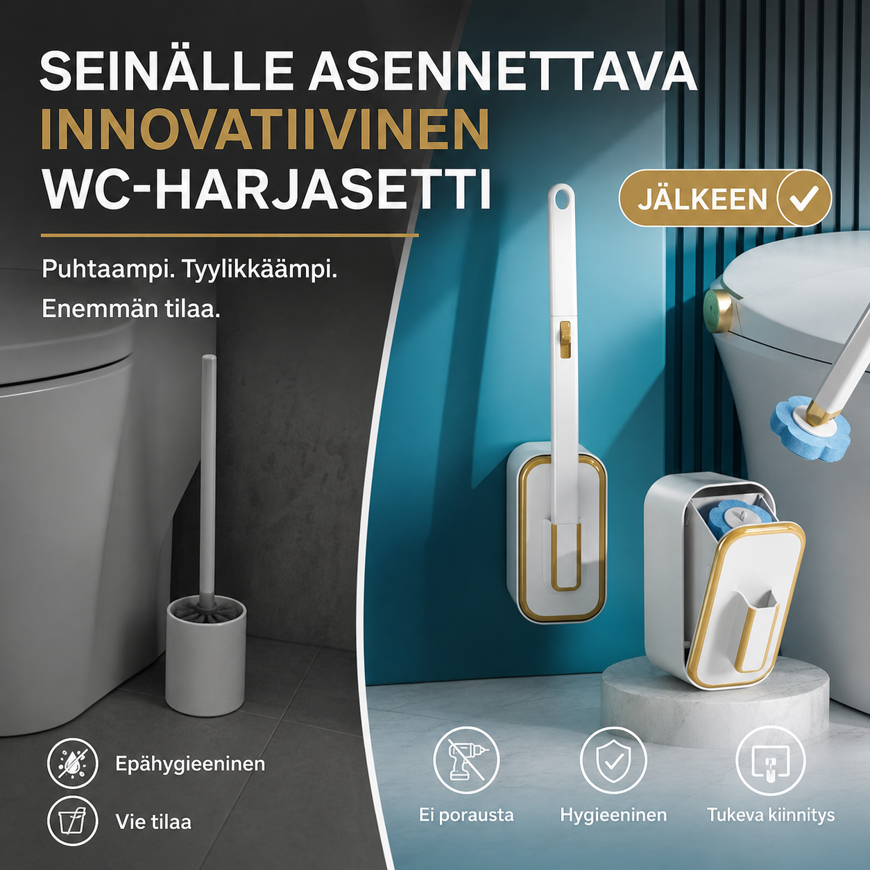 Seinälle asennettava innovatiivinen WC-harjasetti