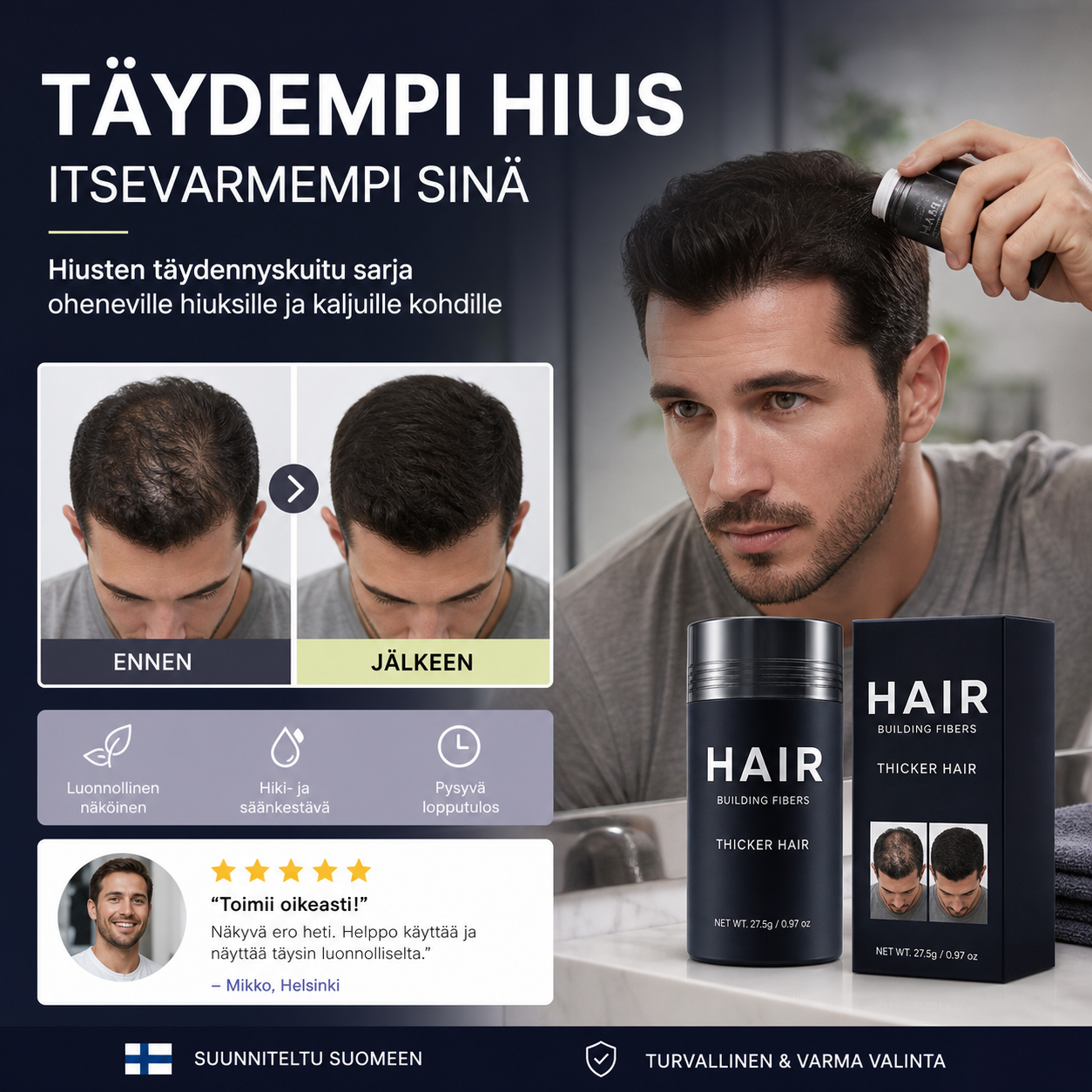 Hiusten täydennyskuitu sarja oheneville hiuksille ja kaljuille kohdille
