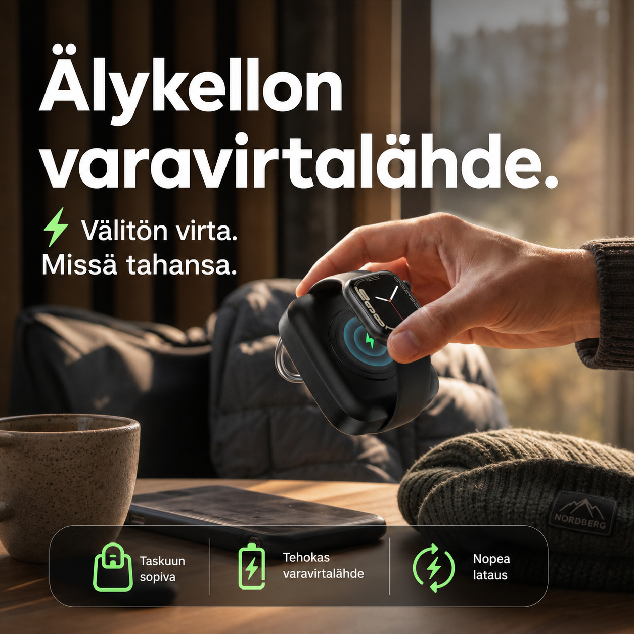 ⌚🔋 Älykellon varavirtalähde – langaton laturi, 1200 mAh, kompakti ja tyylikäs!