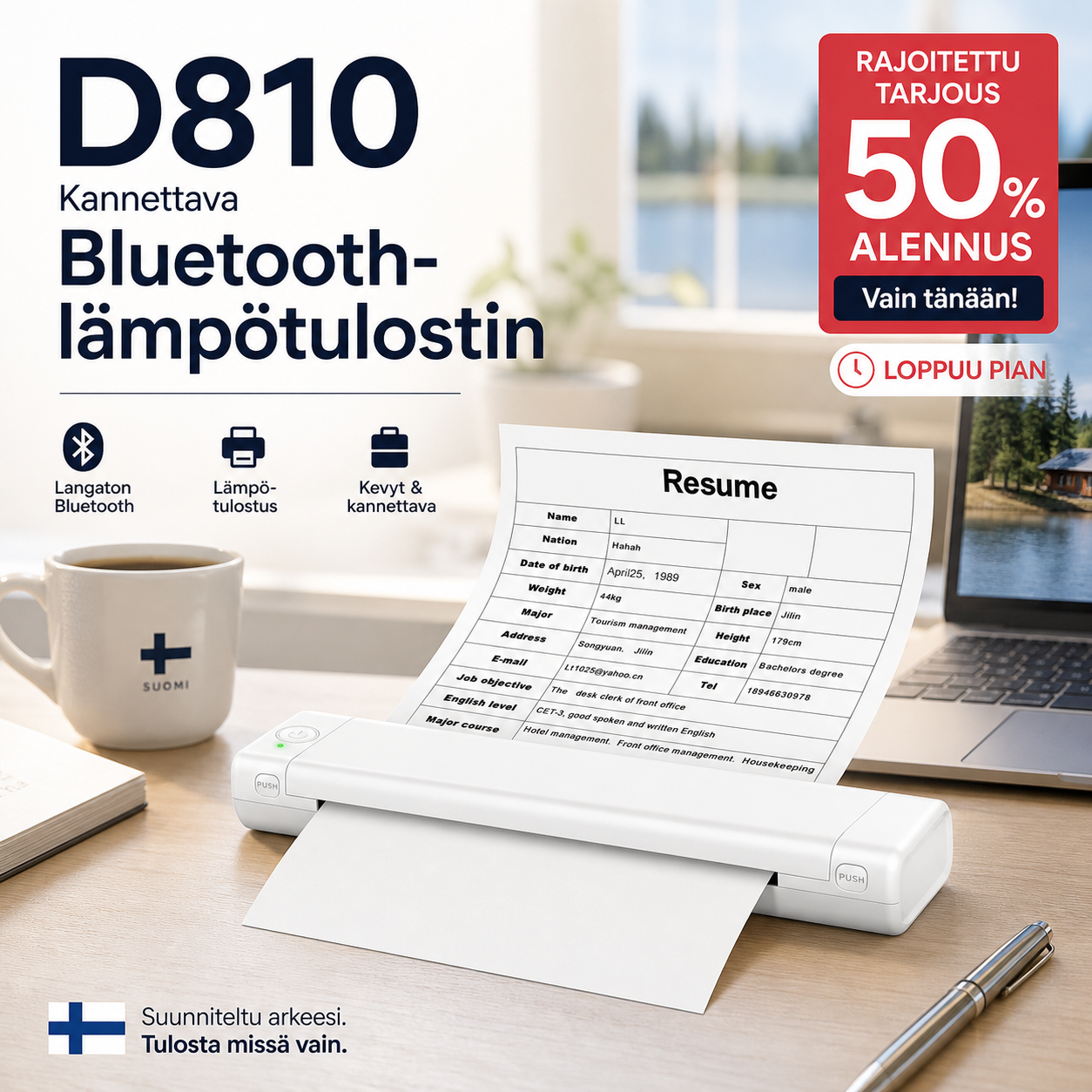 🖨️ D810 Kannettava Bluetooth-lämpötulostin – Täydellinen tatuointistudioille, toimistoille ja liikkuvaan tulostukseen 🔥📱