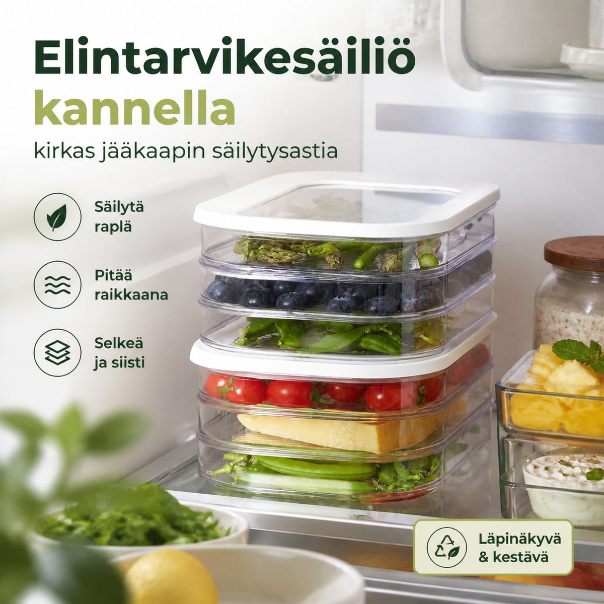 Elintarvikesäiliö kannella – kirkas jääkaapin säilytysastia