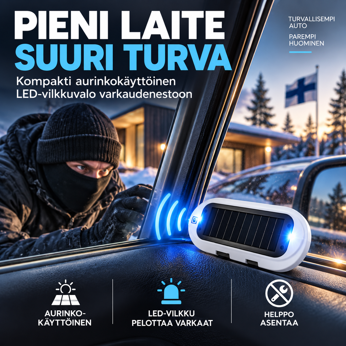 Kompakti aurinkokäyttöinen LED-vilkkuvalo varkaudenestoon