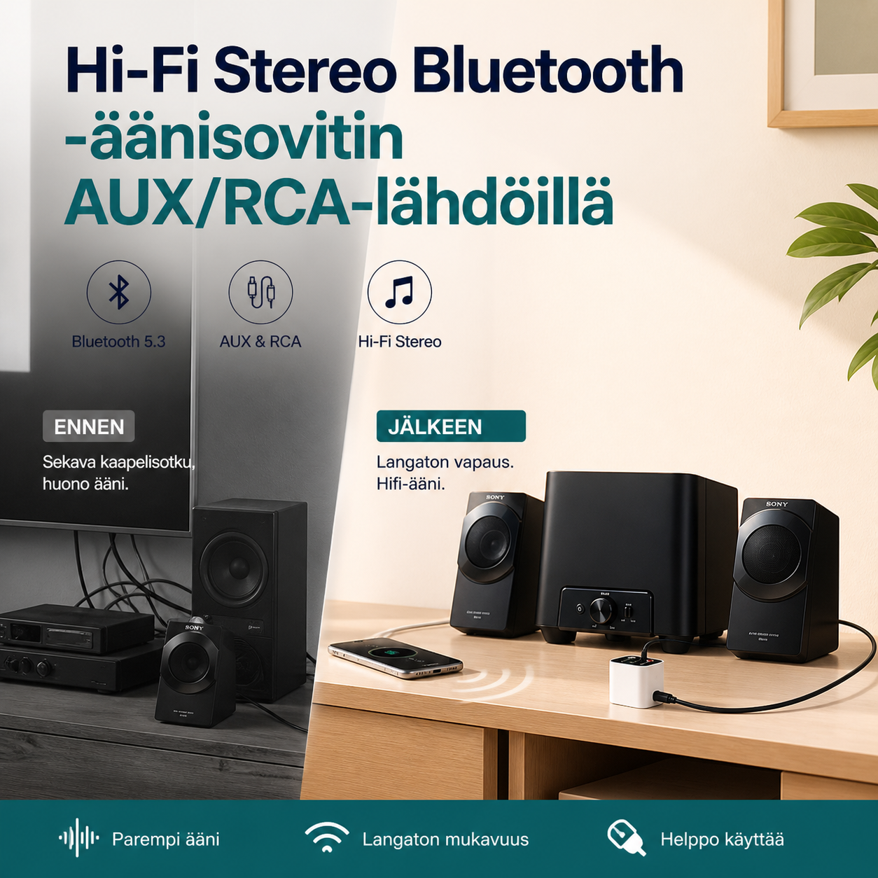 Hi-Fi Stereo Bluetooth -äänisovitin AUX/RCA-lähdöillä