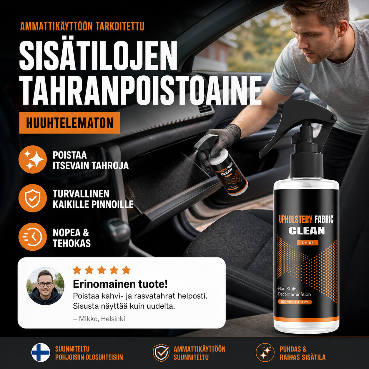 Ammattikäyttöön tarkoitettu, huuhtelematon auton sisätilojen tahranpoistoaine