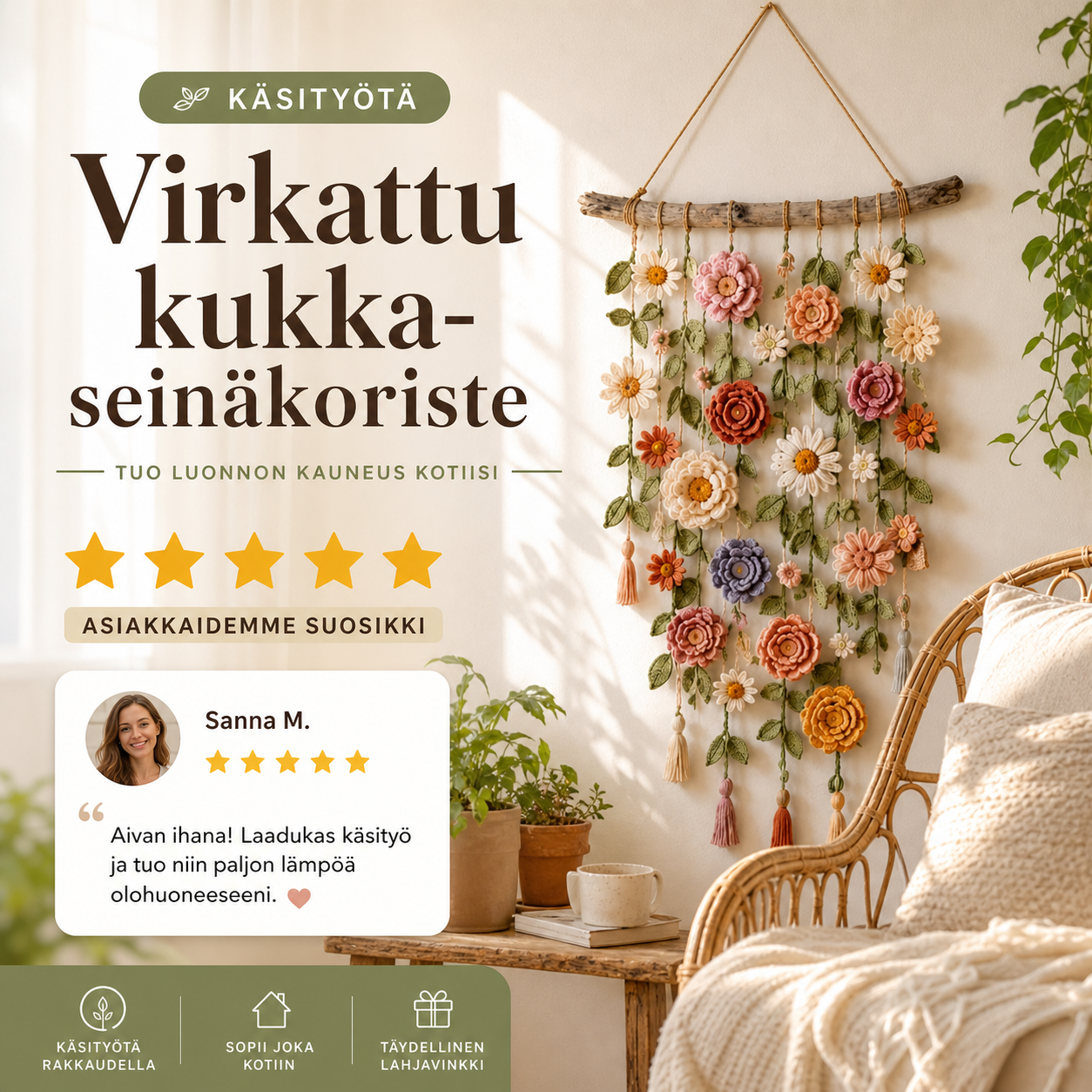 💗VIIMEINEN MYYNTIPÄIVÄ 50 % ALENNUS⚡YLI 50 000 KAPPALETTA MYYTY!!💮Virkattu kukka-seinäkoriste🖼️
