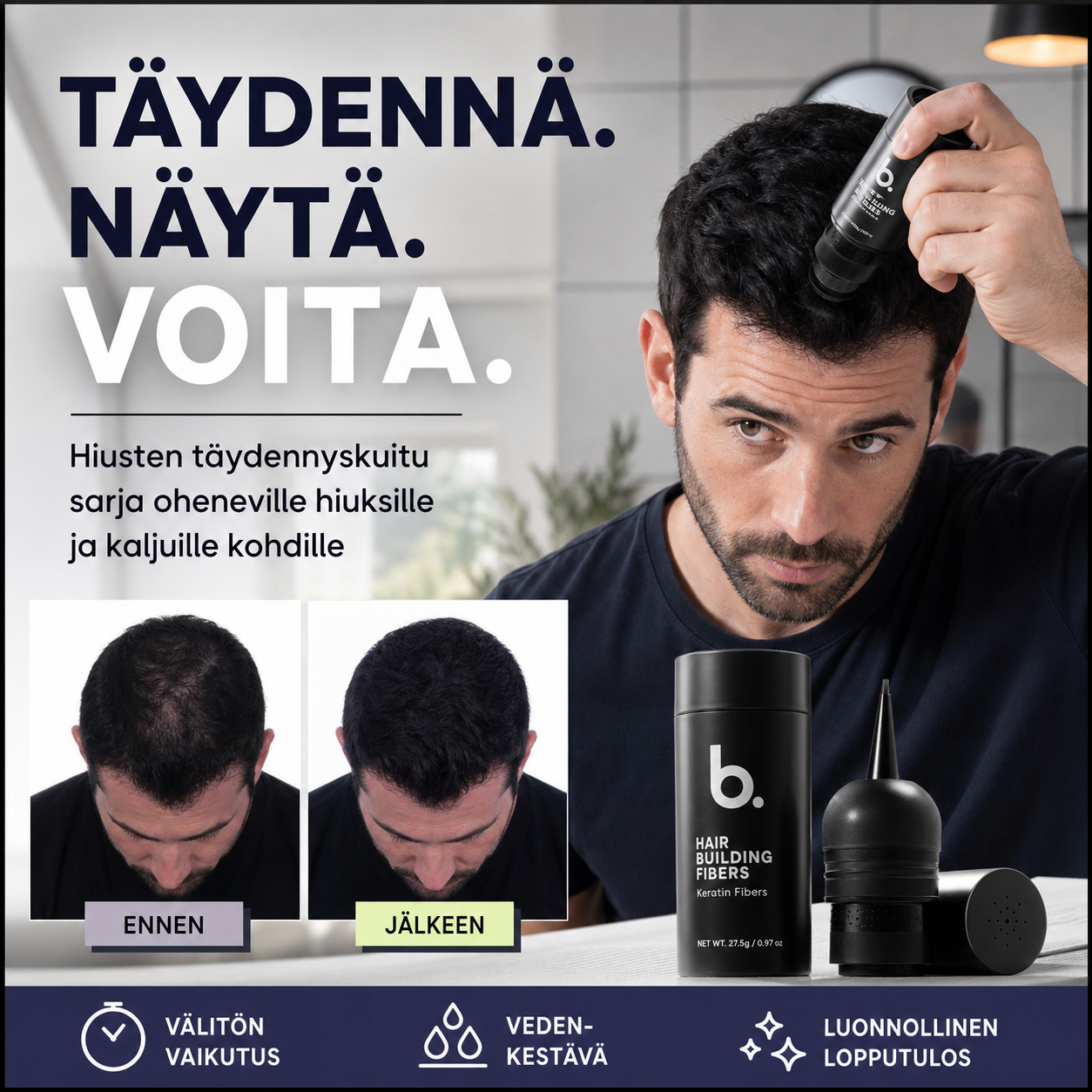 Hiusten täydennyskuitu sarja oheneville hiuksille ja kaljuille kohdille