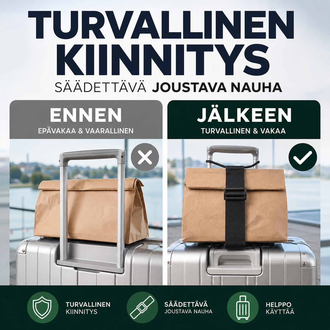 🧳✨ ”OSTA 1, SAAT 1 ILMAISEKSI” -TARJOUS! Kädet vapaana -matkatavaranauha – Turvallinen kiinnitys, säädettävä joustava nauha, 35 g, ihanteellinen lentokentille ja rautatieasemille 🔥
