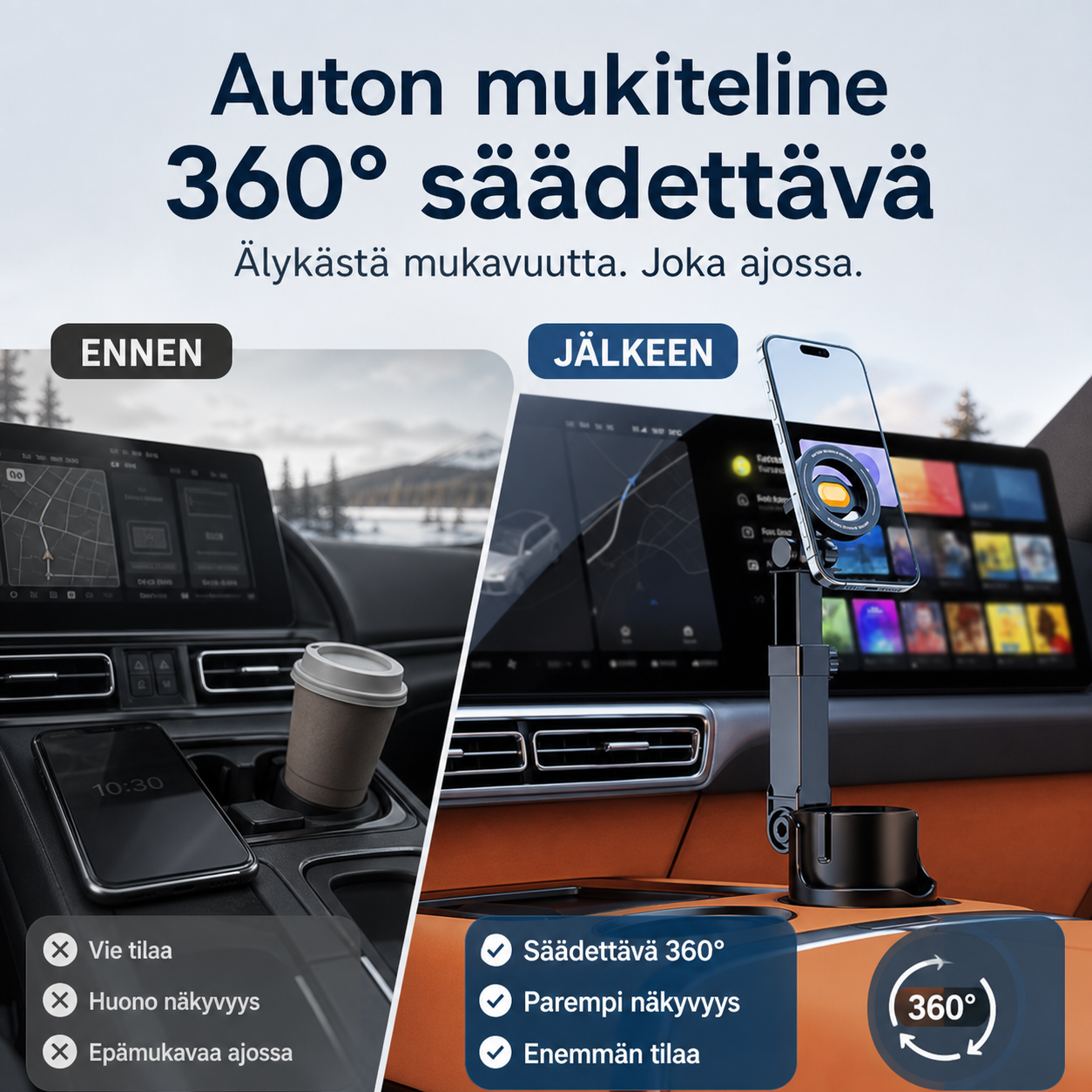 Auton mukiteline – 360° säädettävä, vahva N52-magneetti, yhden käden käyttö, sopii kaikkiin puhelimiin, vakaa magneetti- ja puristinmalli turvalliseen ajoon.