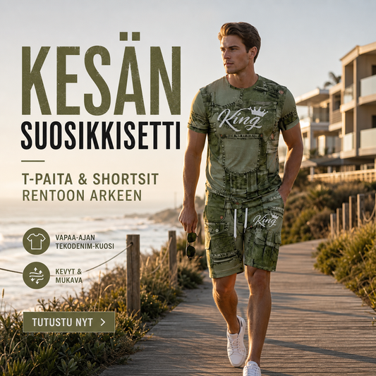 Miesten vapaa-ajan tekodenim-kuvioinen T-paita- ja shortsisetti