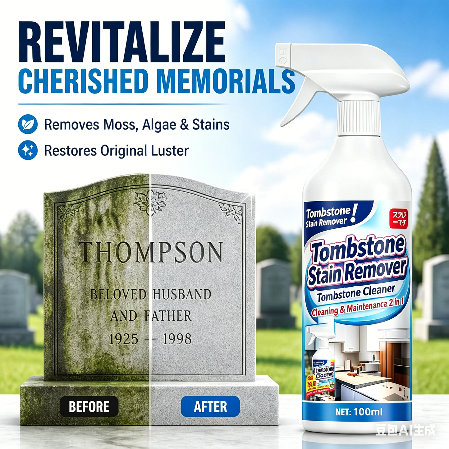 🔥Graveyard Moss Cleaner – monikäyttöinen tahranpoistospray – poistaa ammattimaisesti sammalta ja likaa hautakiviltä, kivien puhdistusaine
