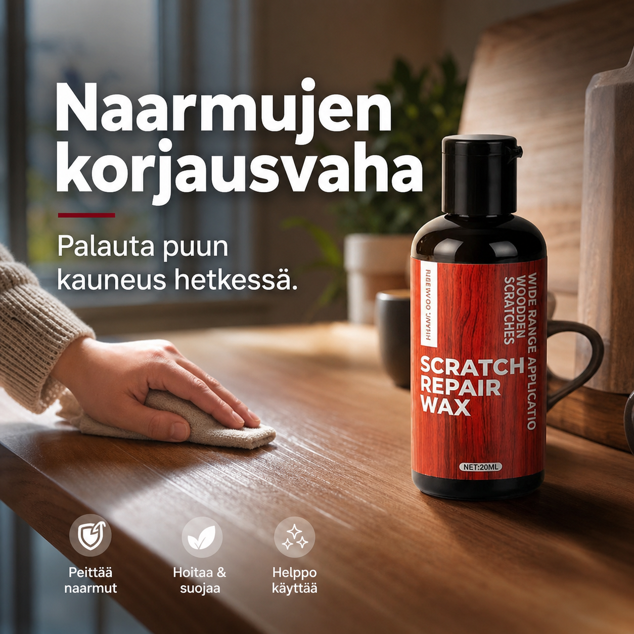 Naarmujen korjausvaha – Täyttää välittömästi puulattioiden ja huonekalujen naarmut ja kulumajäljet. Palauttaa puun luonnollisen syykuvion, ei tarvitse vaihtaa! 💰✨