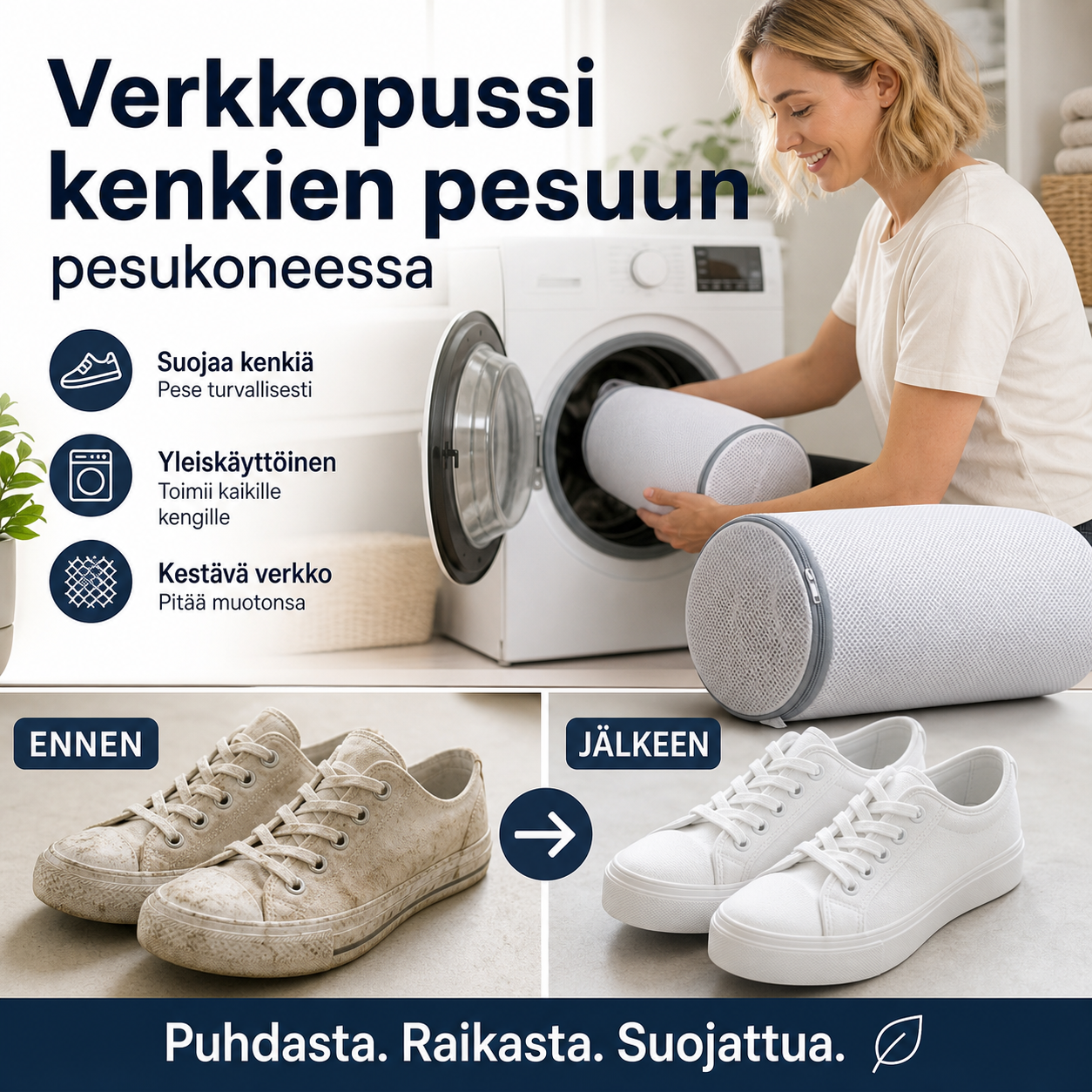 Verkkopussi kenkien pesuun pesukoneessa