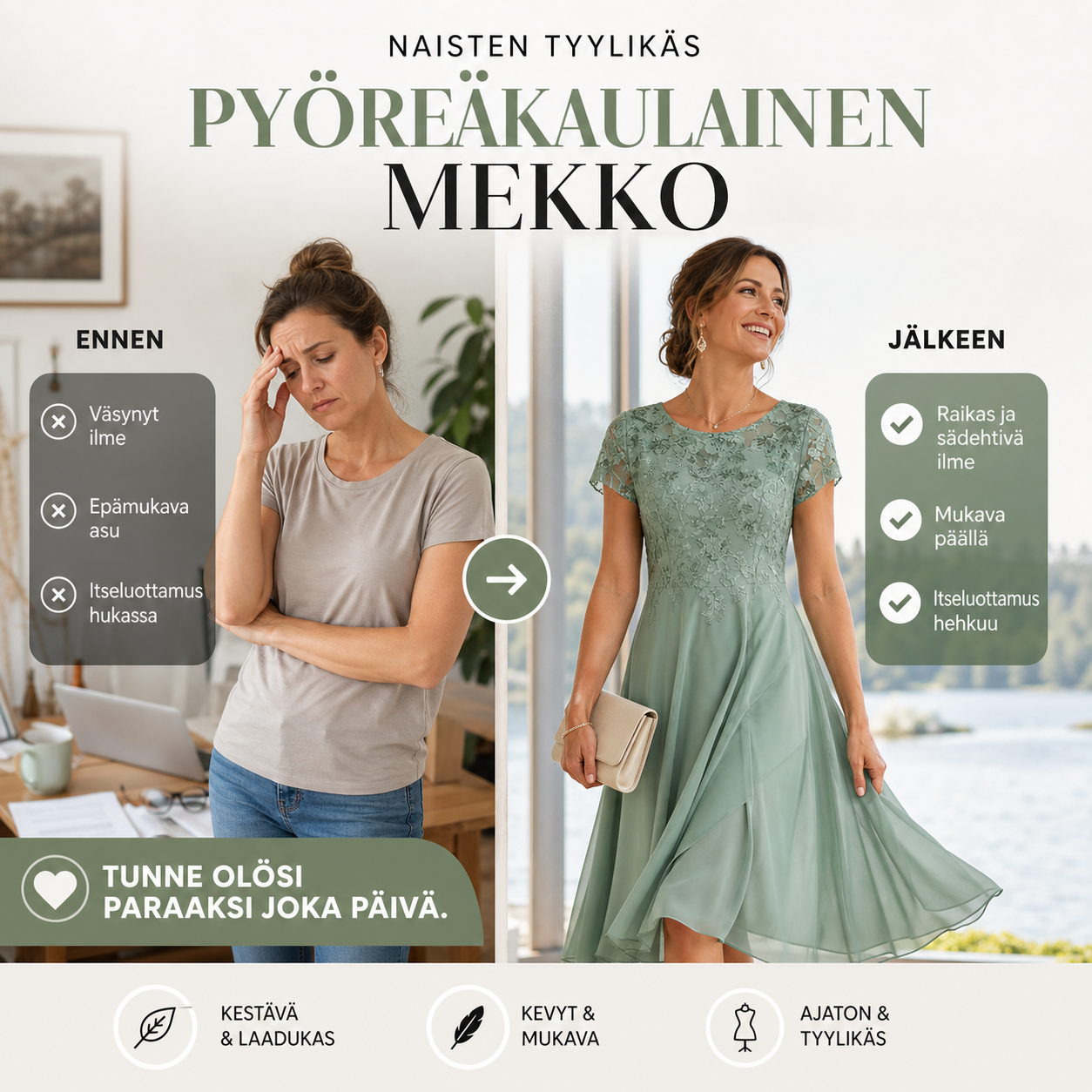 Naisten tyylikäs pyöreäkaulainen mekko