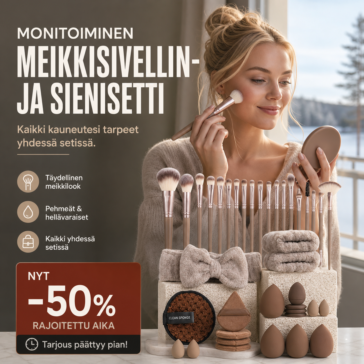 Monitoiminen meikkisivellin- ja sienisetti