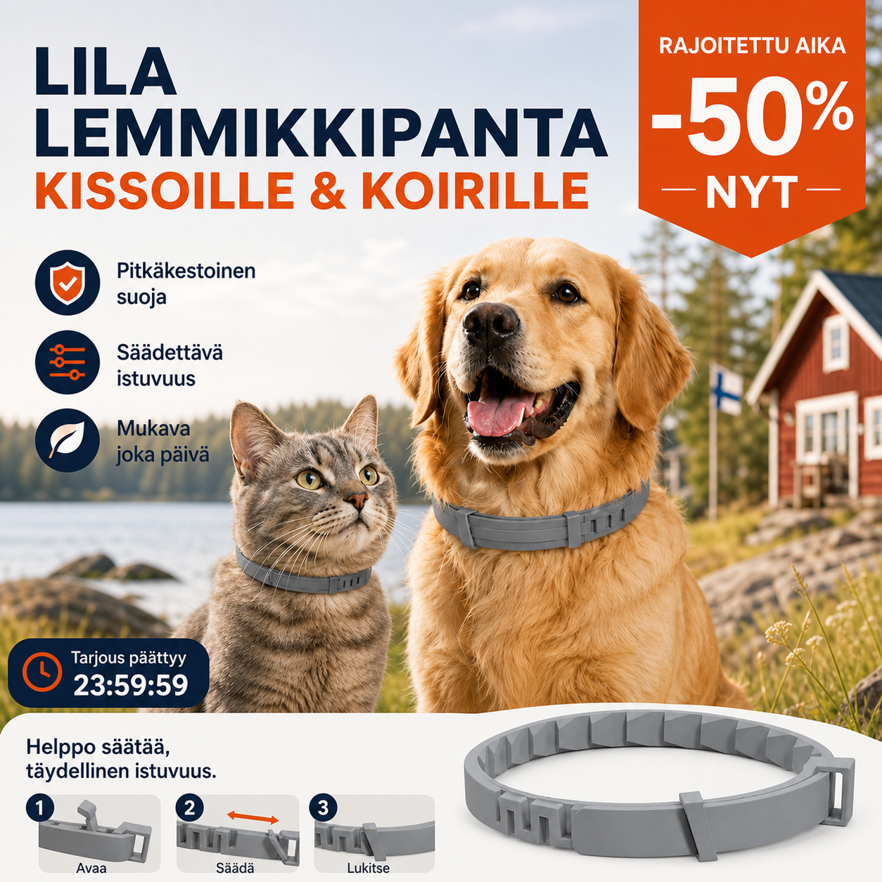 ⏰ 50 % alennus rajoitetun ajan – nopeimmat ehtivät! Lila lemmikkipanta kissoille ja koirille 🐾