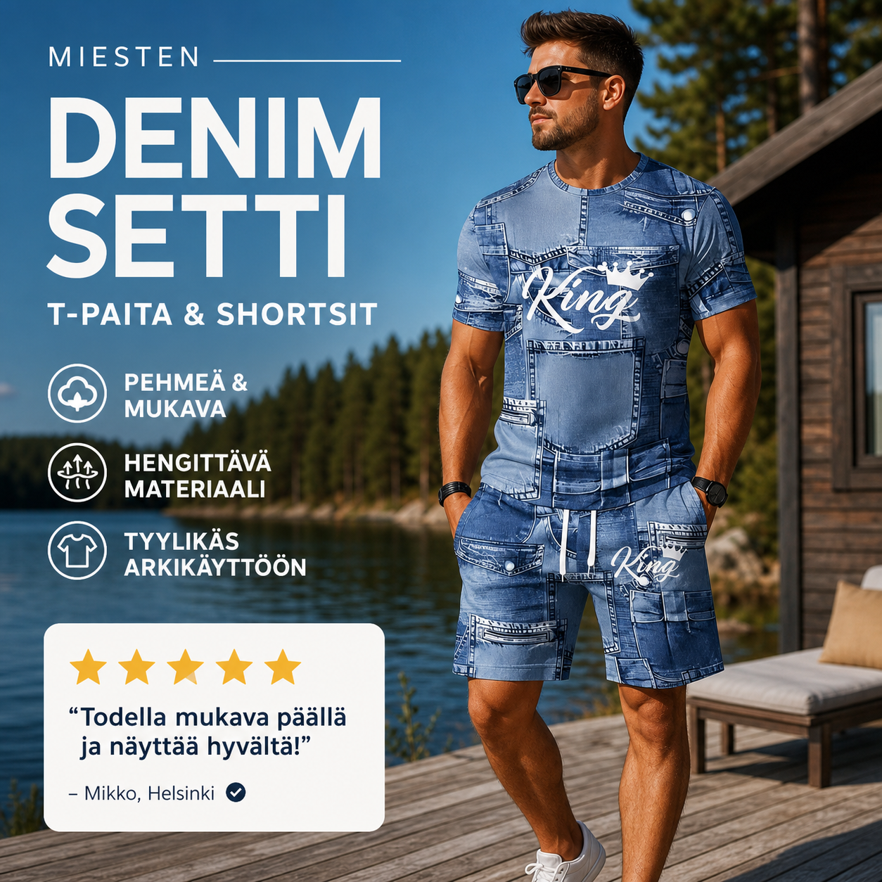 Miesten vapaa-ajan tekodenim-kuvioinen T-paita- ja shortsisetti