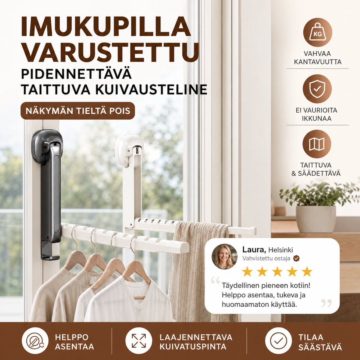 Imukupilla varustettu pidennettävä taittuva kuivausteline