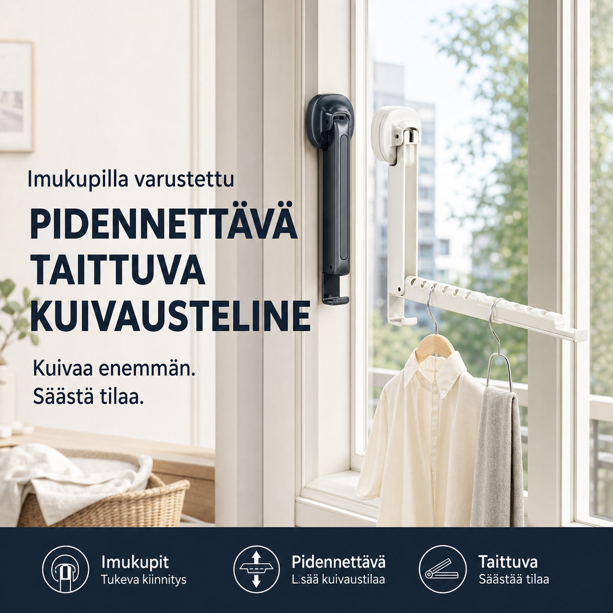 Imukupilla varustettu pidennettävä taittuva kuivausteline