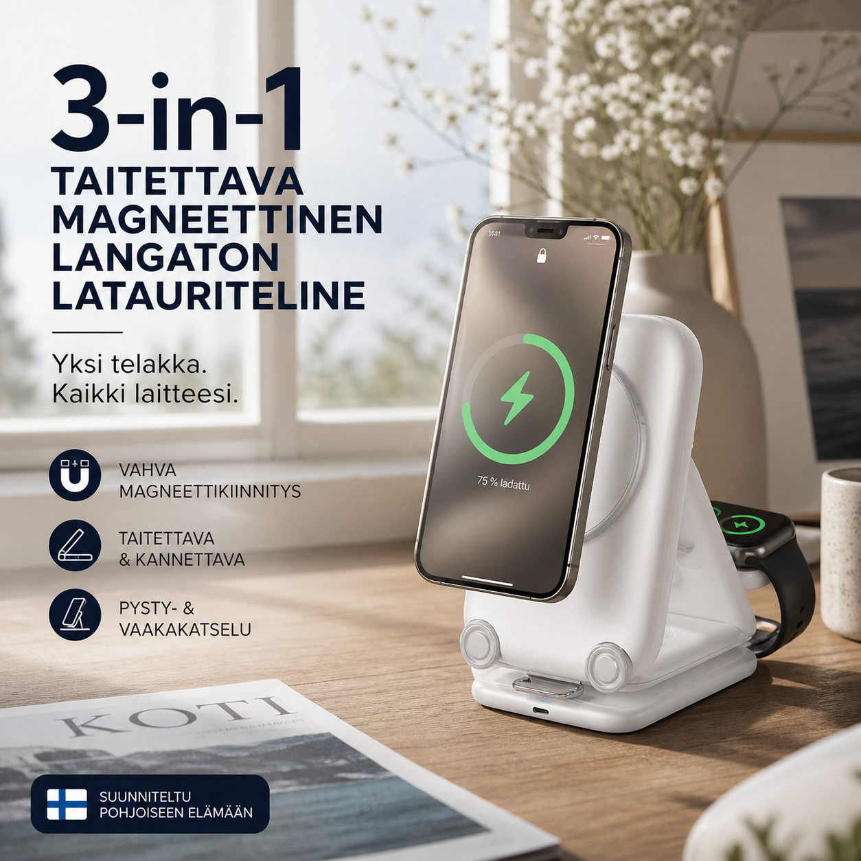 3-in-1 -taitettava magneettinen langaton laturiteline