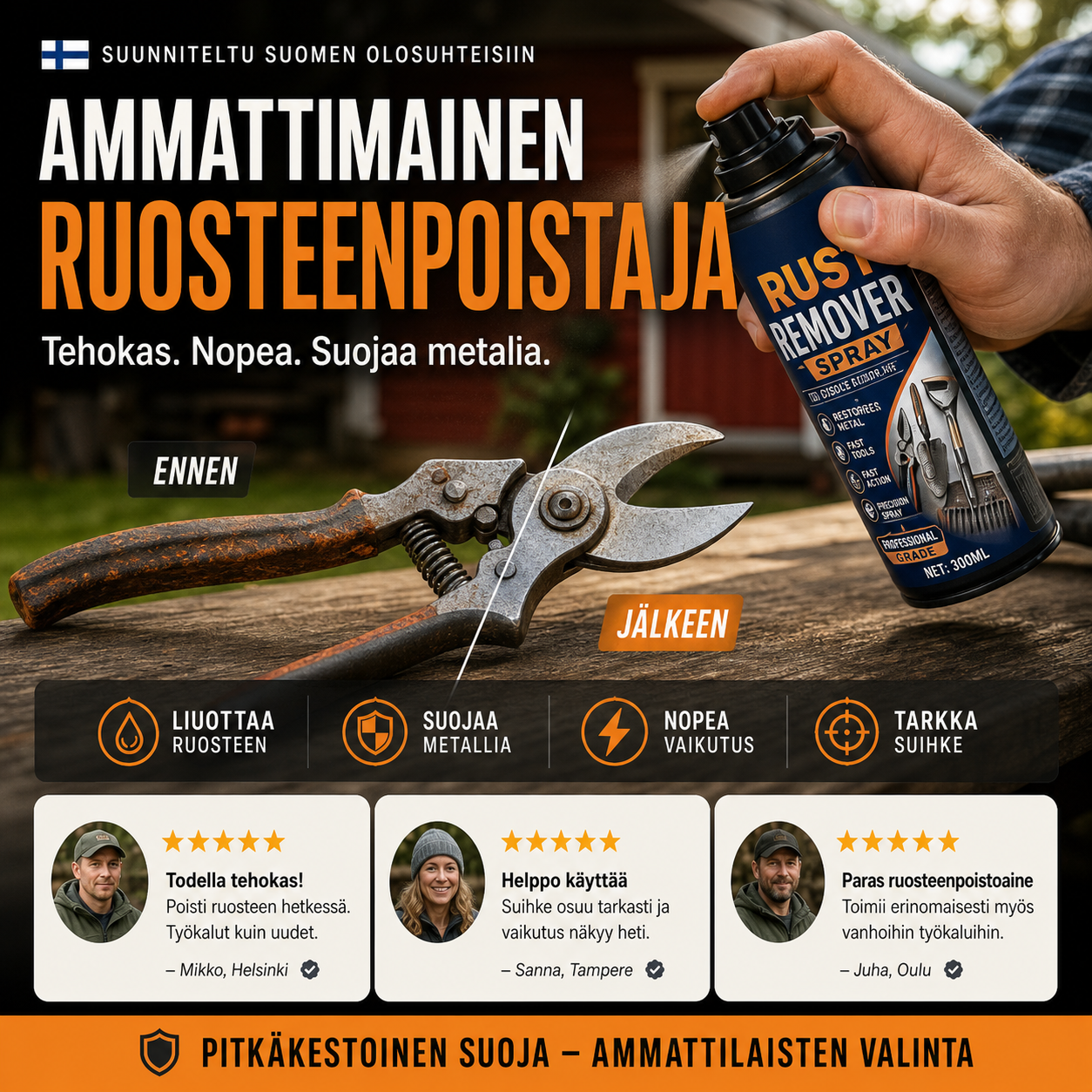 🔩⚡ 50 % ALENNUS! Kuin kääntäisit aikaa taaksepäin työkaluillesi! Suihkuta, pyyhi pois – ruoste liukenee sekunneissa ja näkymätön suoja suojaa sitä kuukausia uudelta ruosteelta.