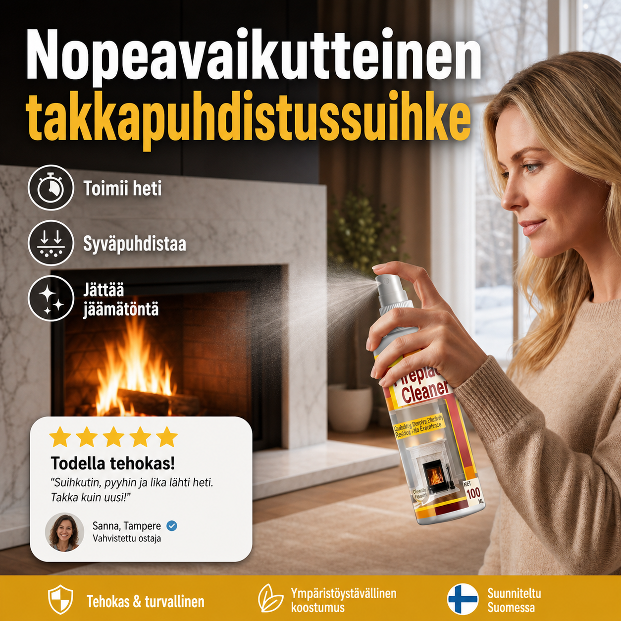 🔥 50% ALENNUS NYT! Nopeavaikutteinen takkapuhdistussuihke – syvälle tunkeutuva noki- ja savutahranpoistoaine