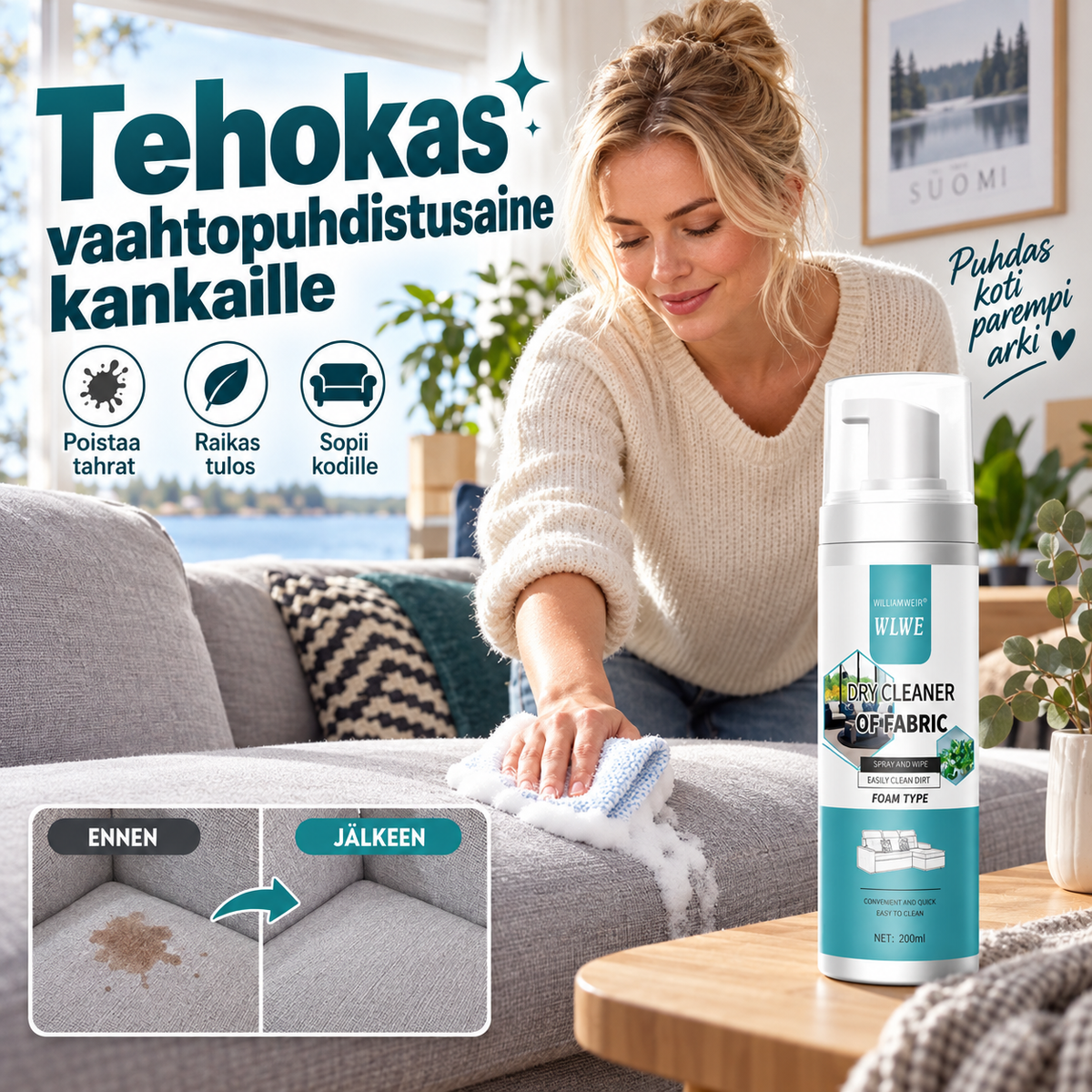 Tehokas vaahtopuhdistusaine kankaille