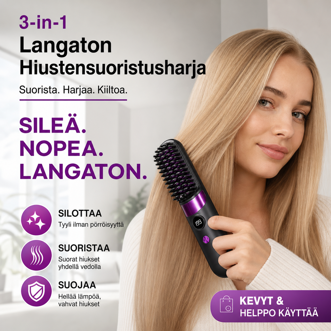 💇‍♀️🔥 3-in-1 Langaton Hiustensuoristusharja – Suorista, Kiharru & Selvitä – USB-C Ladattava, 4 Lämpöasetusta – Täydellinen Hiustyyli Missä Tahansa! ✨