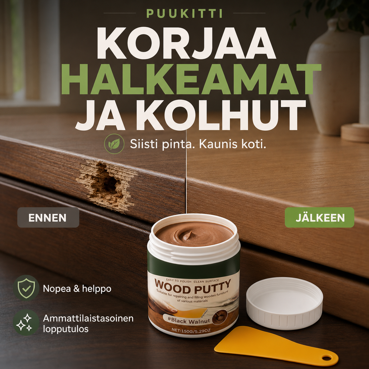 🔥Pikamyynti🔥 Puukitti – korjaa halkeamat ja kolhut – sulautuu tummaan puuhun!