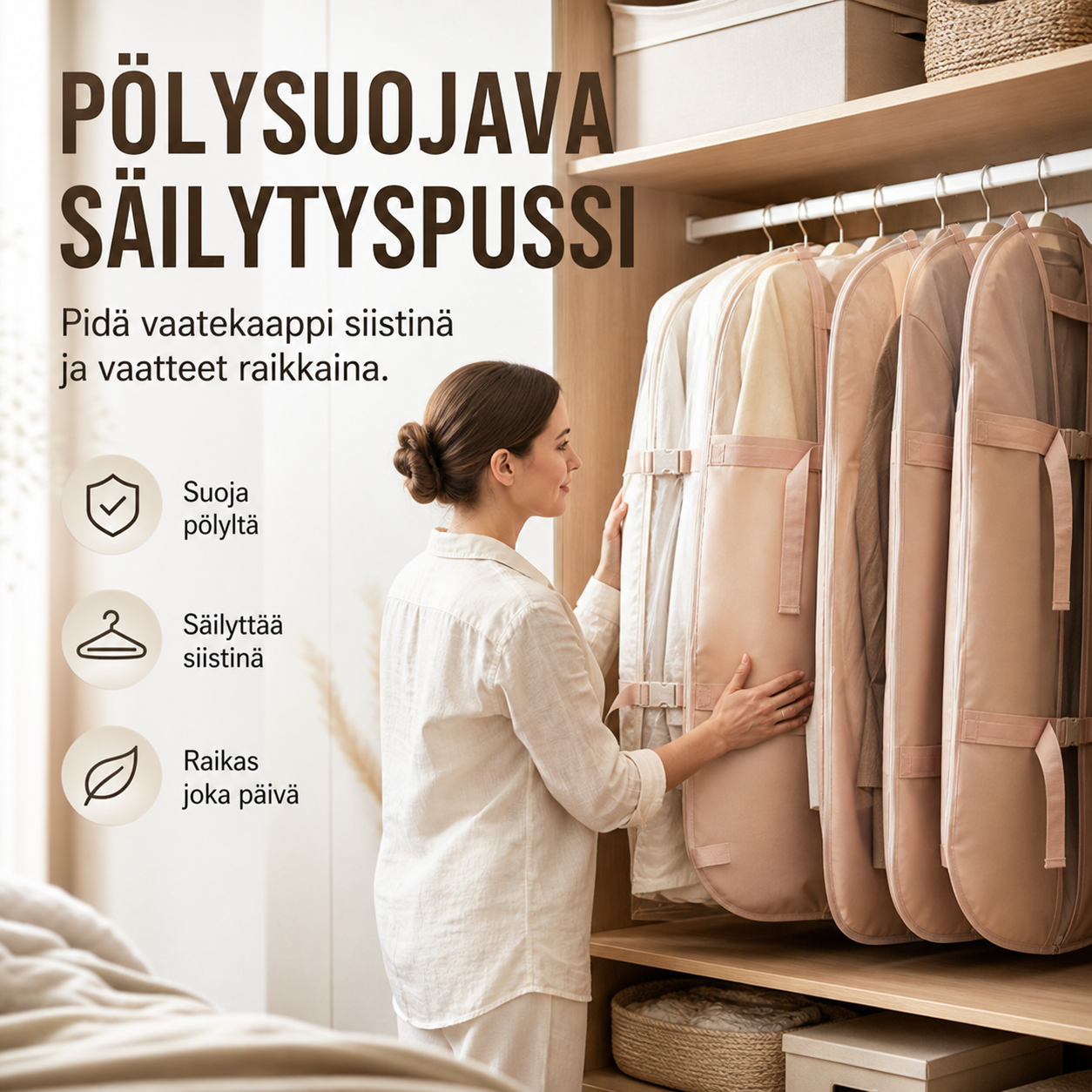 📦 Pölysuojaava säilytyspussi 👚🛡️ Rautaseinillä, pölyltä ja kosteudelta suojaava – yksi pussi mahtuu koko perheen sesonkivaatteille!