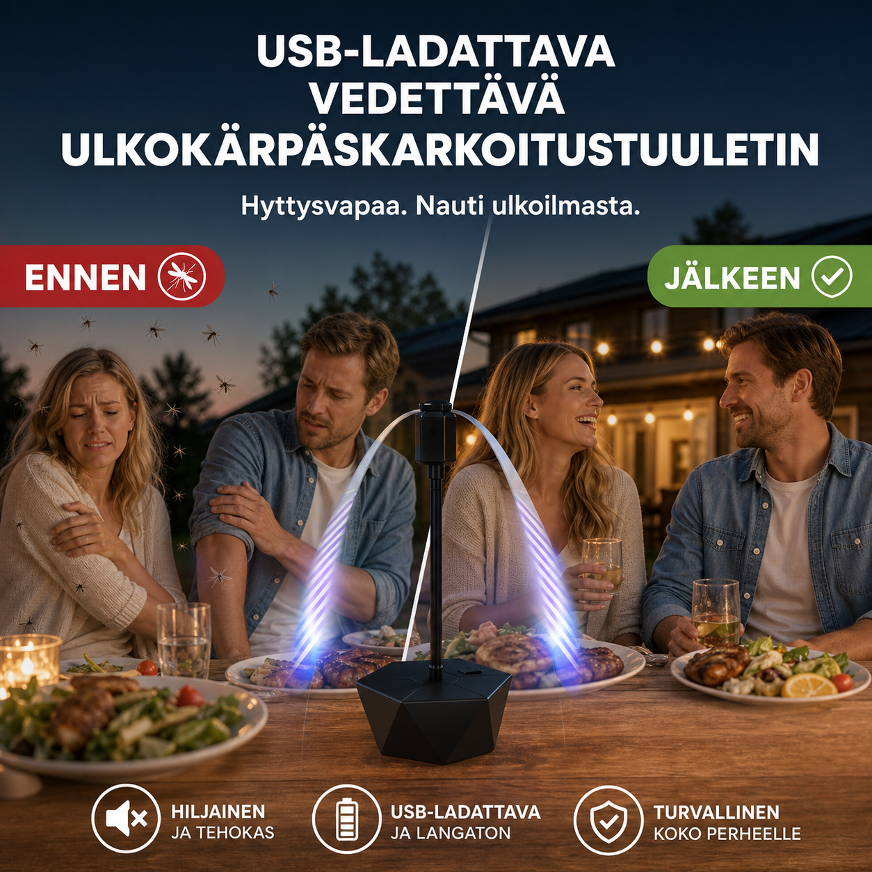 USB-ladattava vedettävä ulkokärpäskarkoitustuuletin