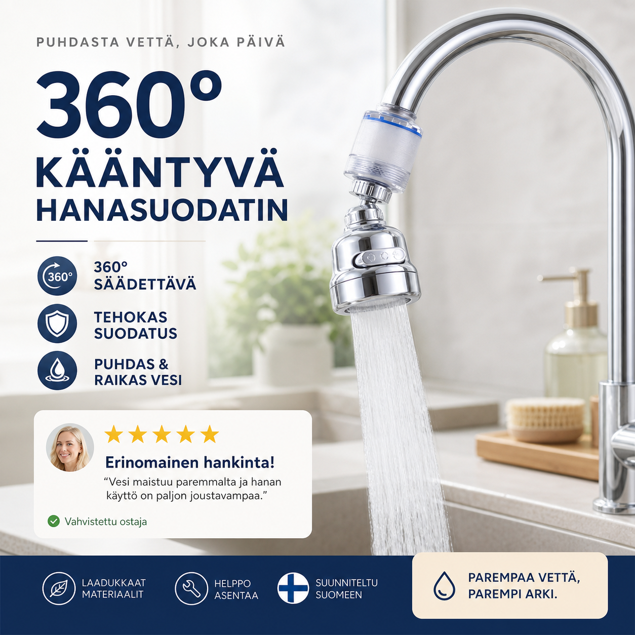 Säädettävä 360°:lla pyörivä hanasuodatinsarja