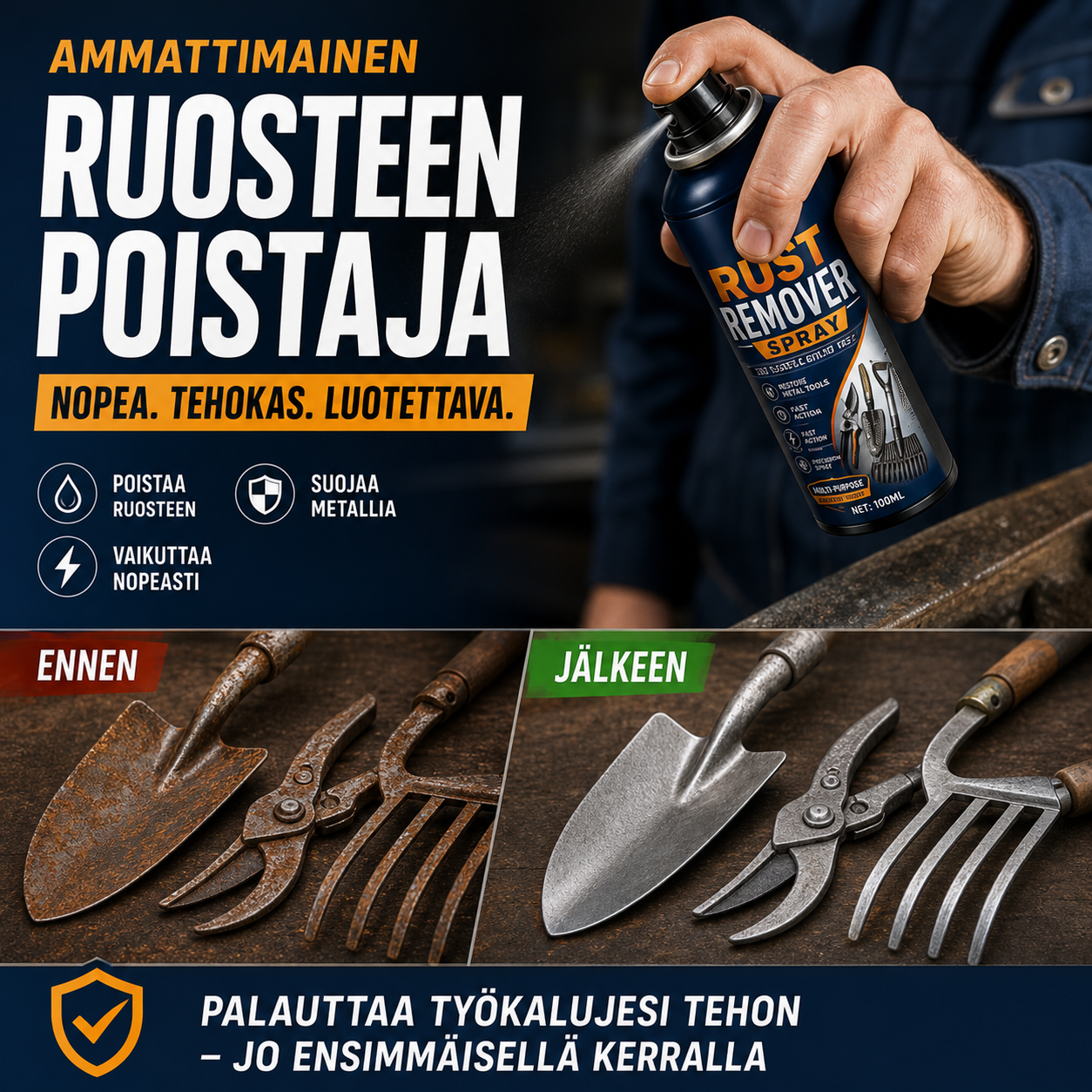 🔩⚡ 50 % ALENNUS! Kuin kääntäisit aikaa taaksepäin työkaluillesi! Suihkuta, pyyhi pois – ruoste liukenee sekunneissa ja näkymätön suoja suojaa sitä kuukausia uudelta ruosteelta.