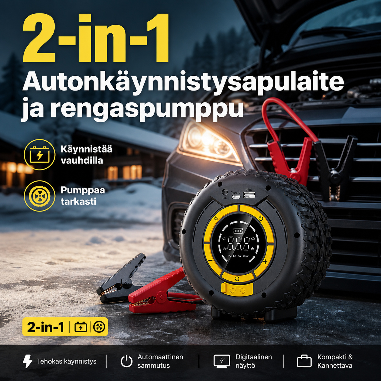 2-in-1 Autonkäynnistysapulaite ja rengaspumppu – käynnistä auto ja täytä renkaat yhdellä laitteella!