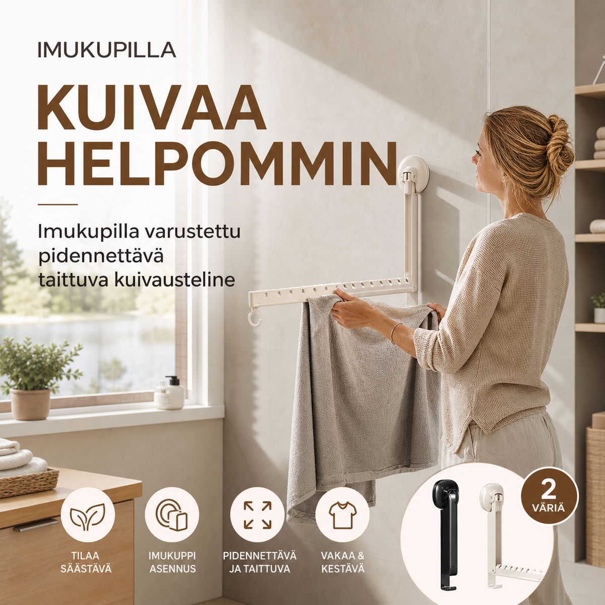 Imukupilla varustettu pidennettävä taittuva kuivausteline