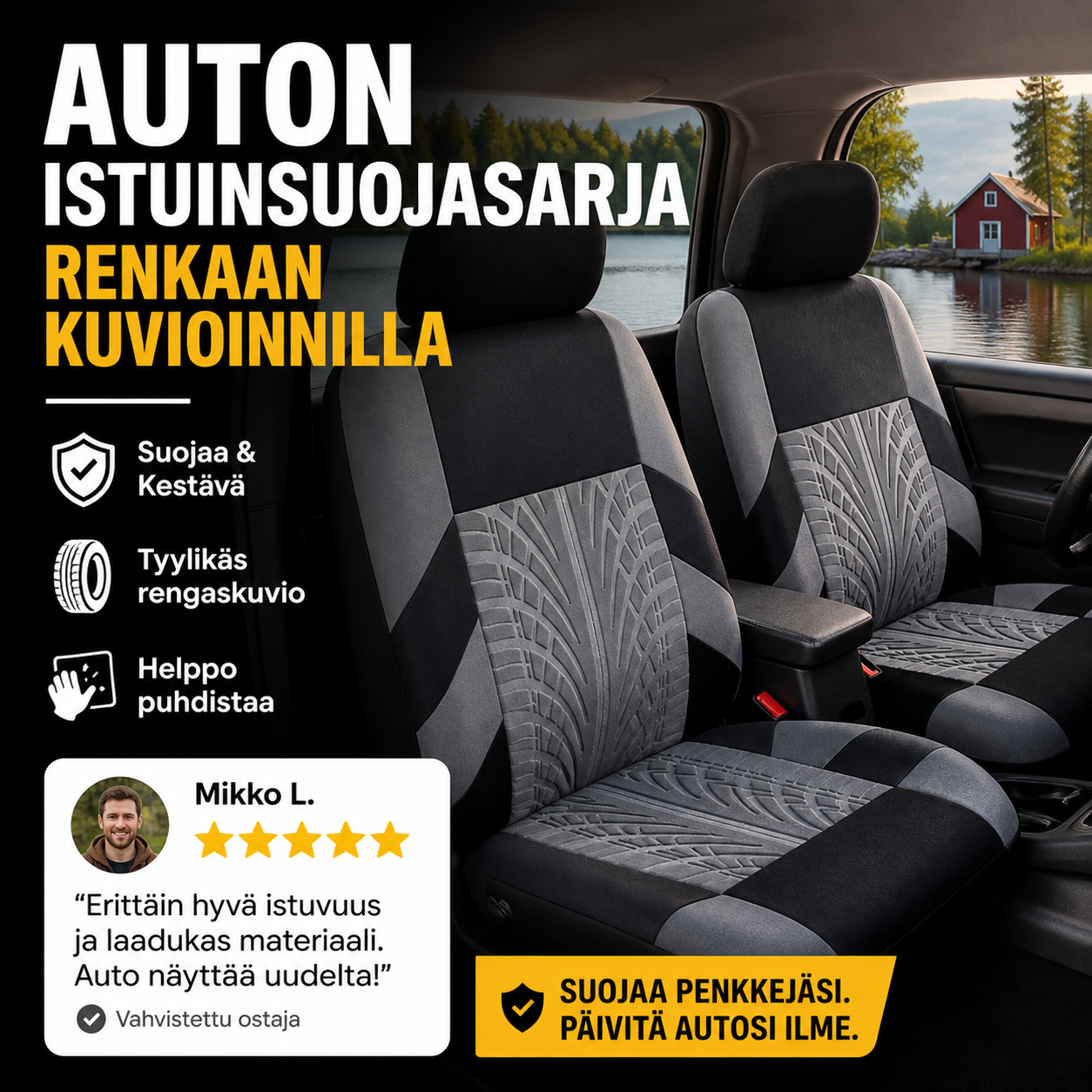 Auton istuinsuojasarja renkaan kuvioinnilla