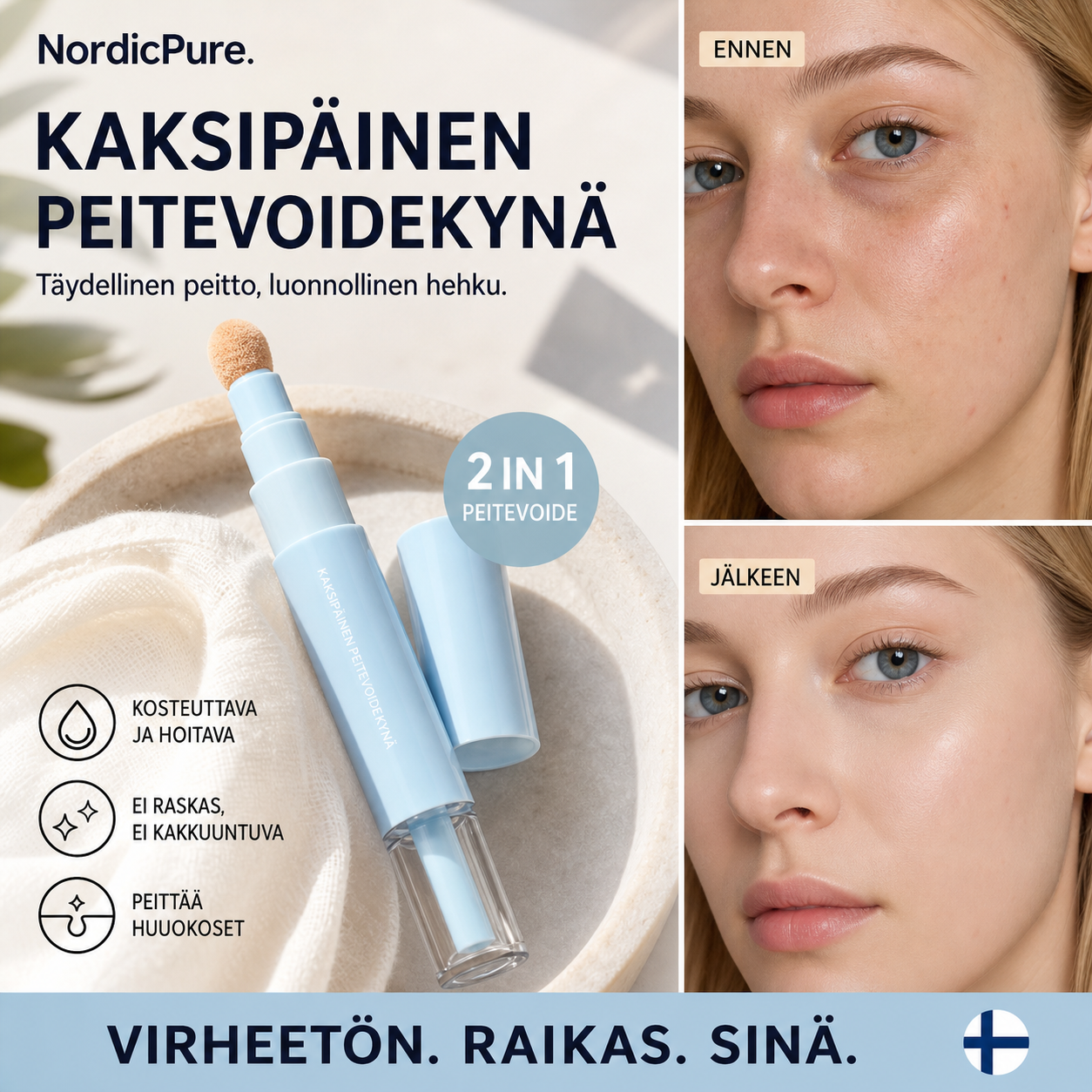 🔥Osta 1, saat 1 ilmaiseksi NYT!💄🥳YLI 50 000 MYYTY!🎨Kaksipäinen peitevoidekynä – peittää tummat silmänaluset ja näppylät, 24 tunnin kosteutus. Kevyt, ei kakkuuntuva. Pehmeä viimeistely.✨