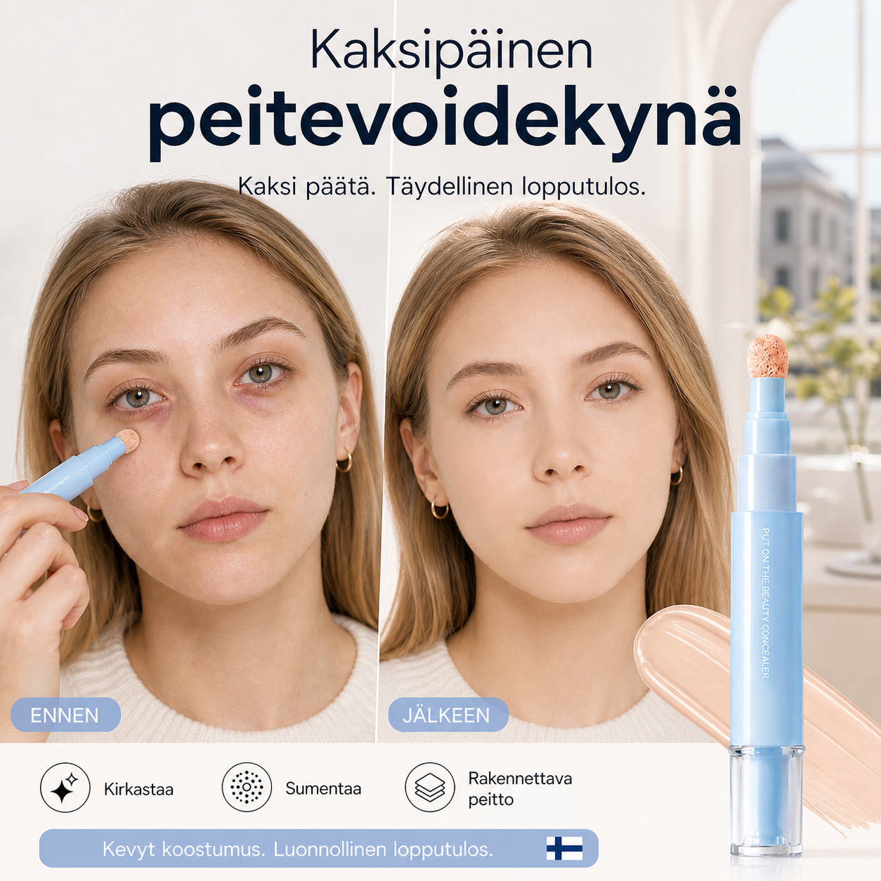🔥Osta 1, saat 1 ilmaiseksi NYT!💄🥳YLI 50 000 MYYTY!🎨Kaksipäinen peitevoidekynä – peittää tummat silmänaluset ja näppylät, 24 tunnin kosteutus. Kevyt, ei kakkuuntuva. Pehmeä viimeistely.✨
