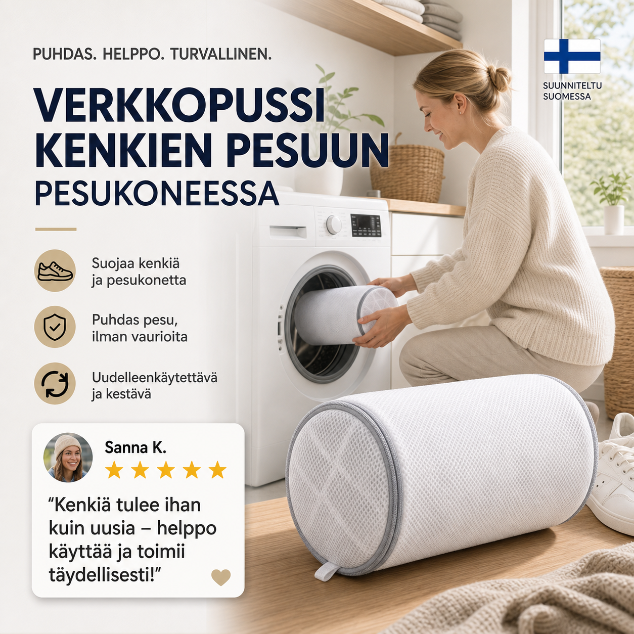 Verkkopussi kenkien pesuun pesukoneessa