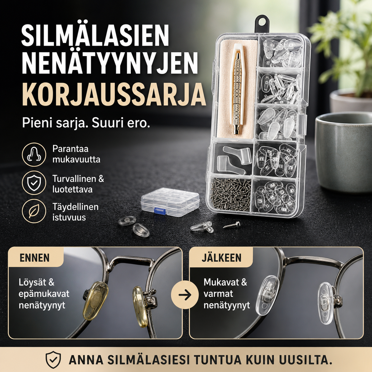 👓-50% NYT! 🛠️Silmälasien nenätyynyjen korjaussarja – Pehmeät liukumattomat tyynyt, täydelliset korjaustyökalut, yleiskäyttöinen silmälasien huoltosarja