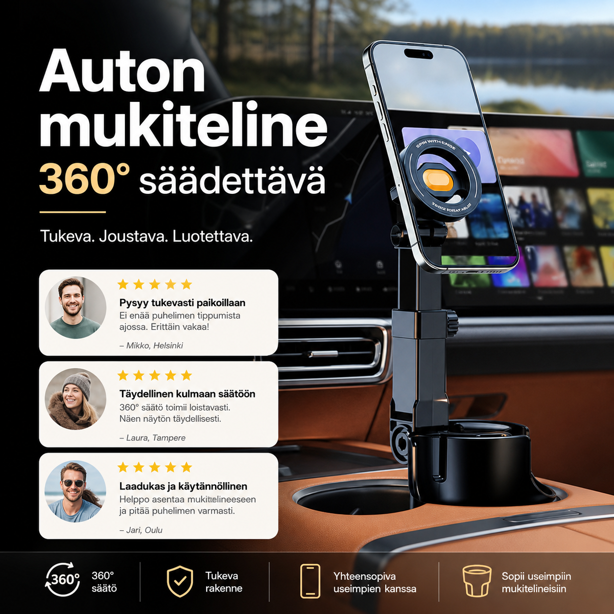 Auton mukiteline – 360° säädettävä, vahva N52-magneetti, yhden käden käyttö, sopii kaikkiin puhelimiin, vakaa magneetti- ja puristinmalli turvalliseen ajoon.