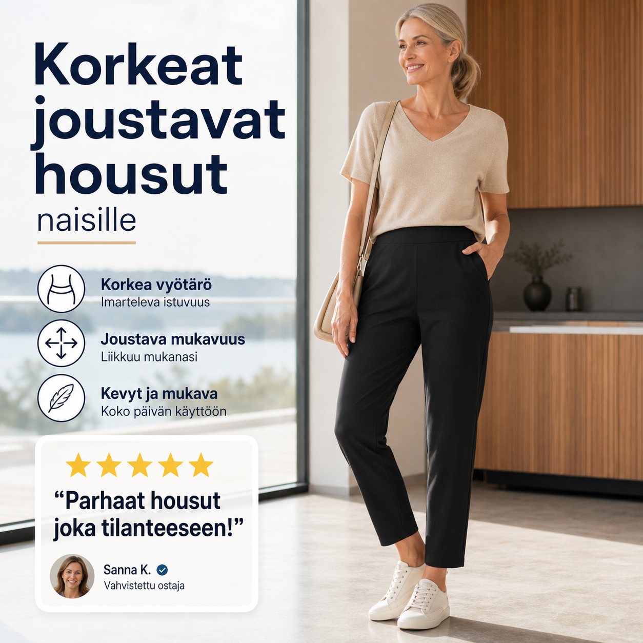 Korkeat joustavat housut naisille, joissa on taskut vetoketjun kanssa