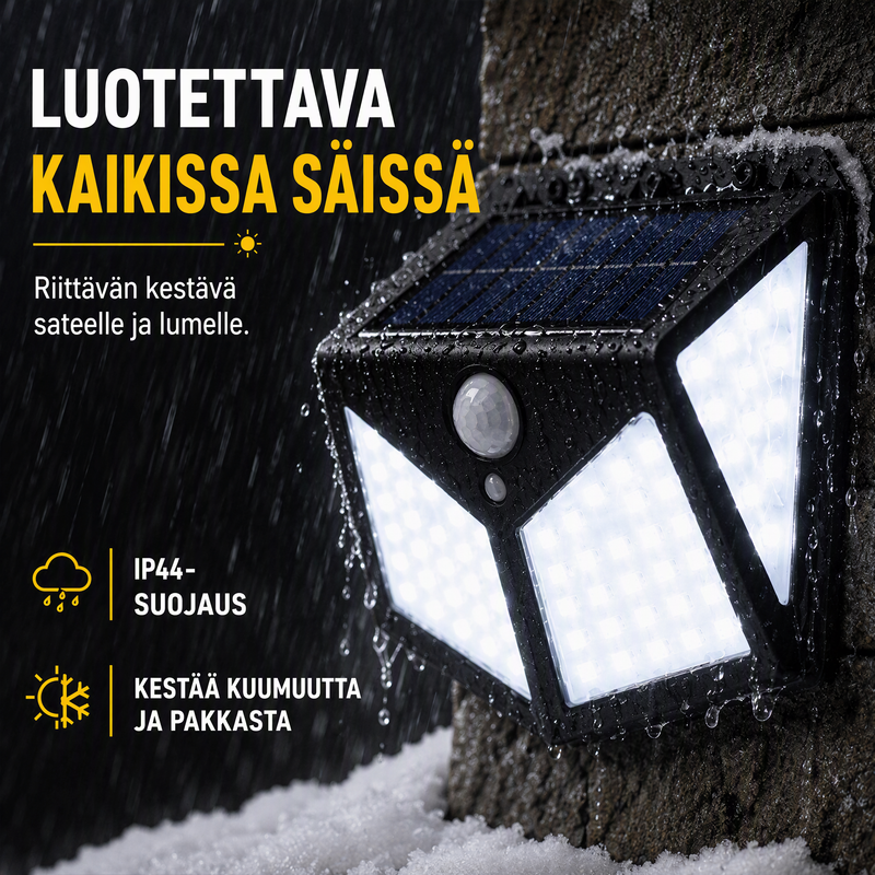 🌙💡 100 LEDin aurinkokäyttöinen seinävalaisin – 120° liiketunnistin, IP65-suojaus ja automaattinen valaistus pihalle ja mökille ☀️