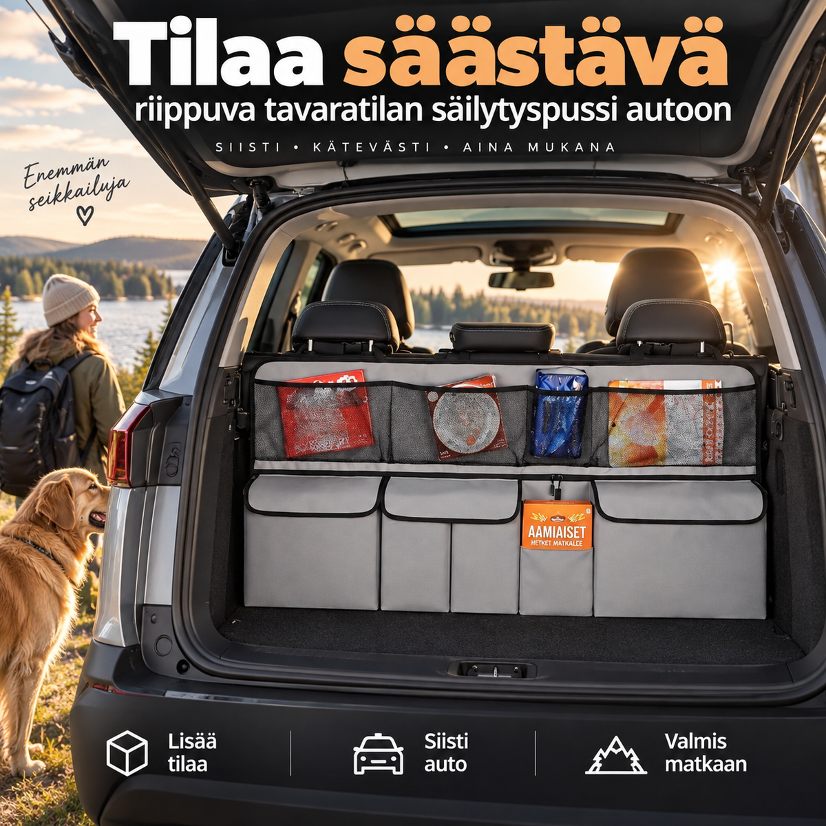 Tilaa säästävä riippuva tavaratilan säilytyspussi autoon