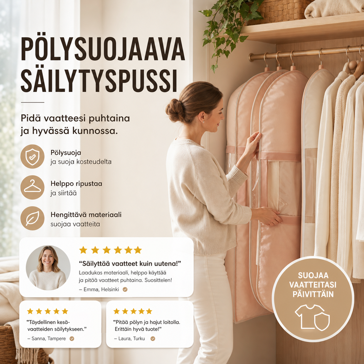 📦 Pölysuojaava säilytyspussi 👚🛡️ Rautaseinillä, pölyltä ja kosteudelta suojaava – yksi pussi mahtuu koko perheen sesonkivaatteille!