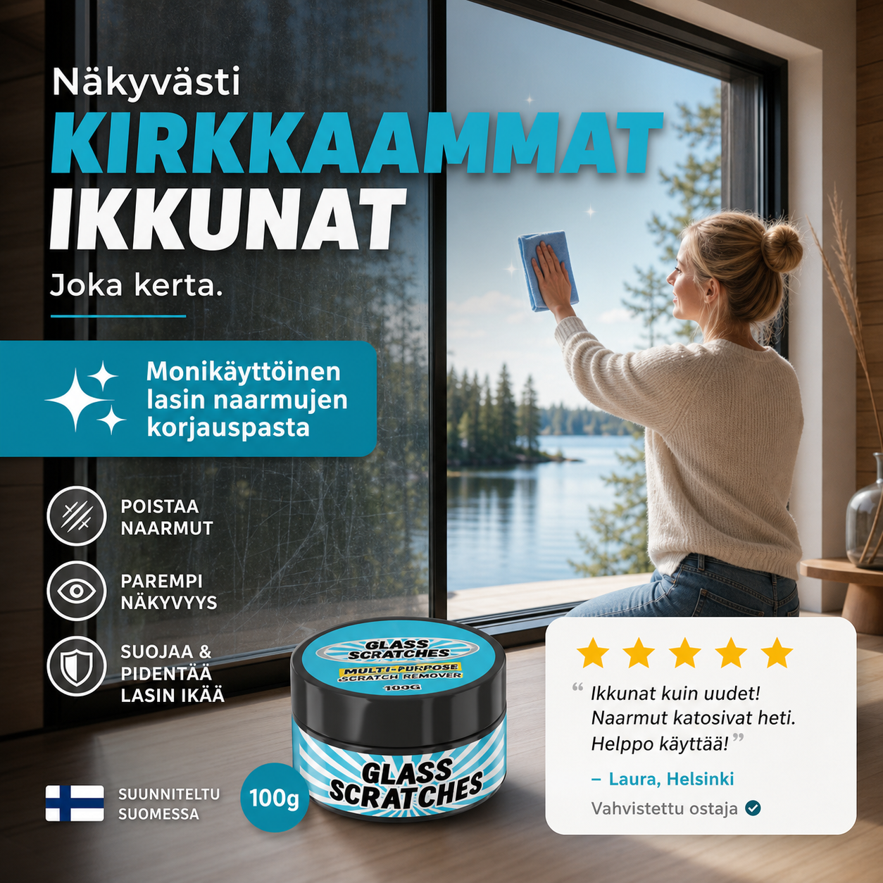 Monikäyttöinen lasin naarmujen korjauspasta
