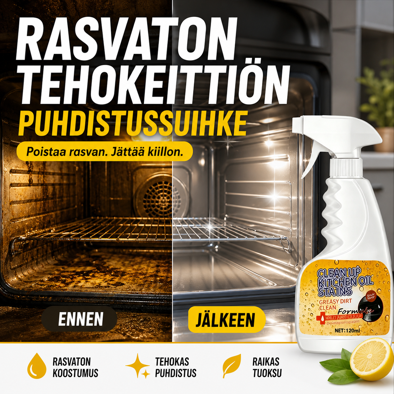 Rasvaton tehokeittiön puhdistussuihke – poistaa rasvan ja lian helposti!
