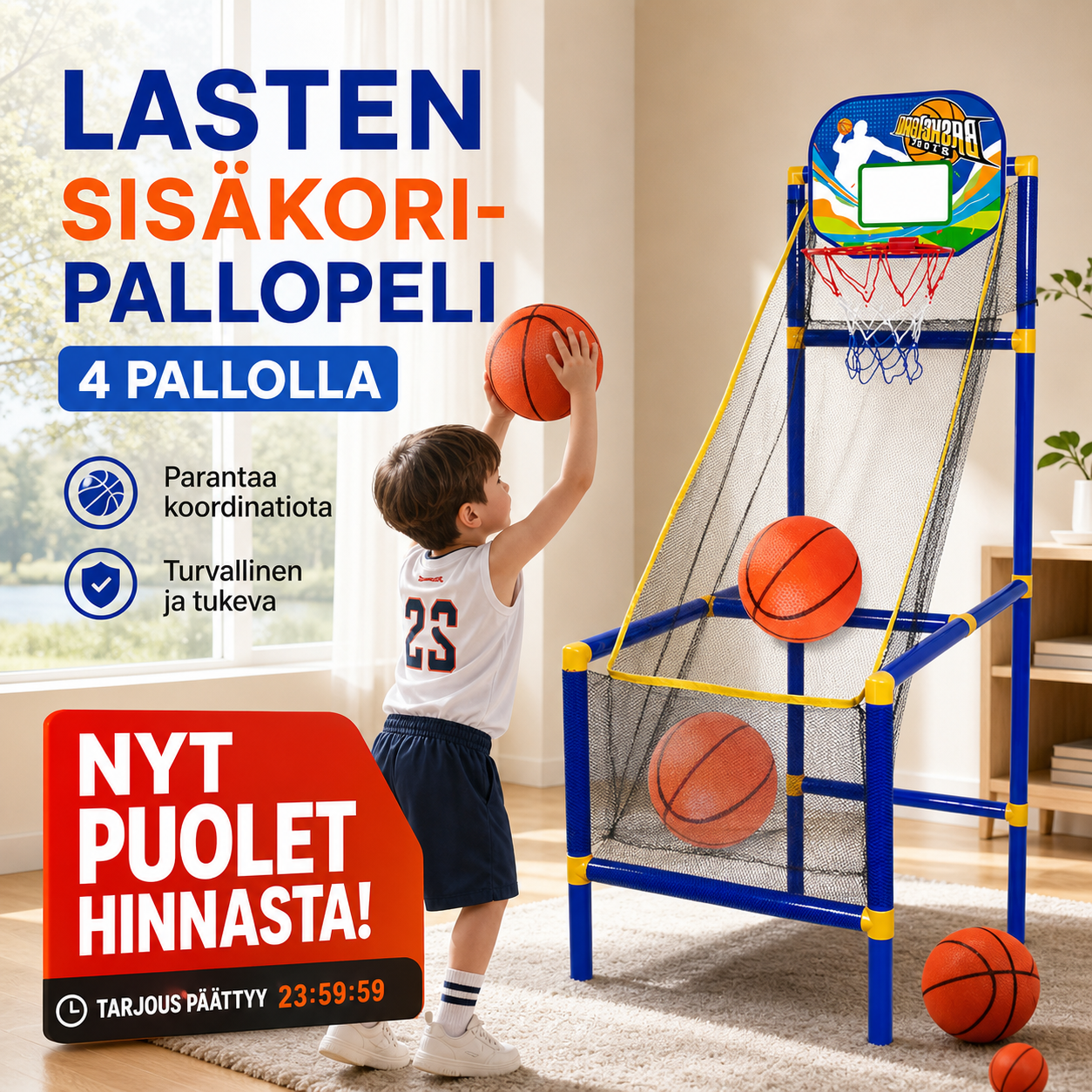 ⏰ -50% ALENNUS NYT! ⛹️ Nopea toimitus 🚚💨 Lasten sisäkori-pallopeli 4 pallolla 🏀