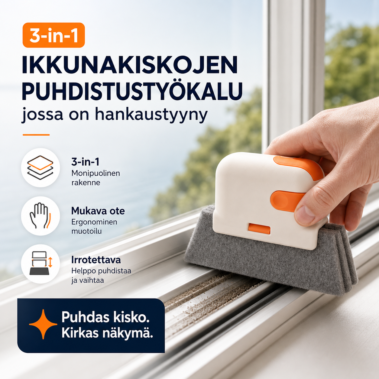 3-in-1-ikkunakiskojen puhdistustyökalu, jossa on hankaustyyny