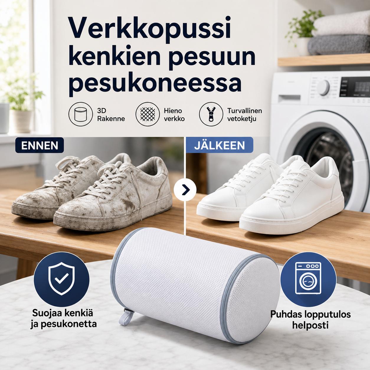 Verkkopussi kenkien pesuun pesukoneessa