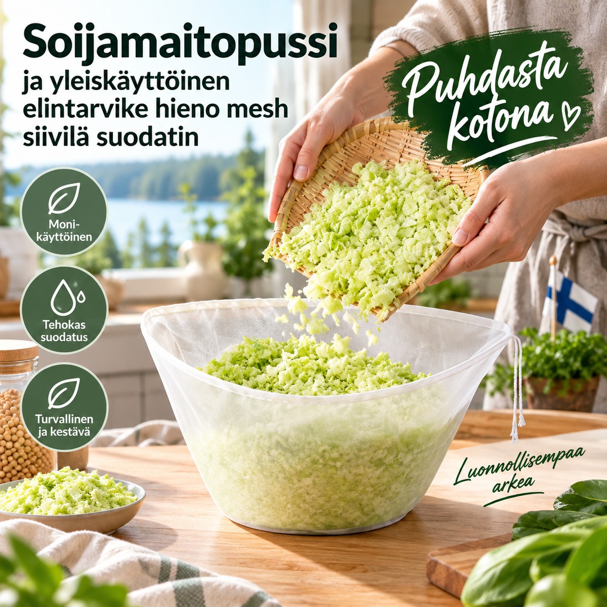 Soijamaitopussi  ja yleiskäyttöinen elintarvike hieno mesh siivilä suodatin